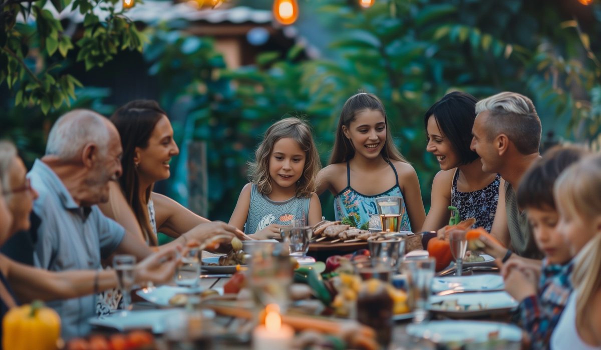 Big family at the table on the dinner on the backyard, group of people at a barbecue party at summer sunset.